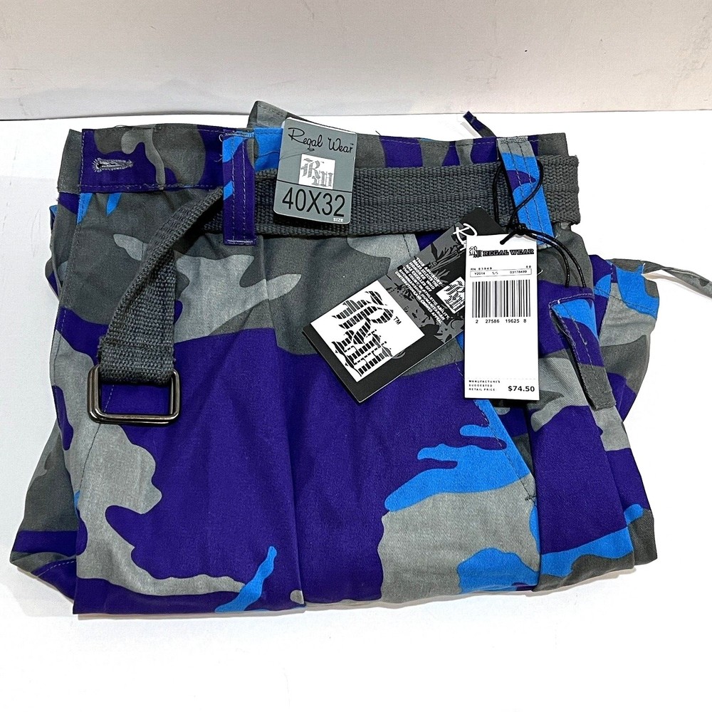 NWT Men's Regal Wear Purple Gray Blue Camouflage Camo Belt Cargo Pants 40x32 New